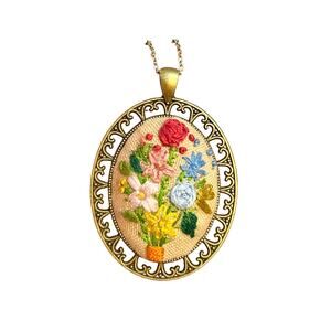Bright Botanical Floral Cameo Necklace Handmade Jewelry